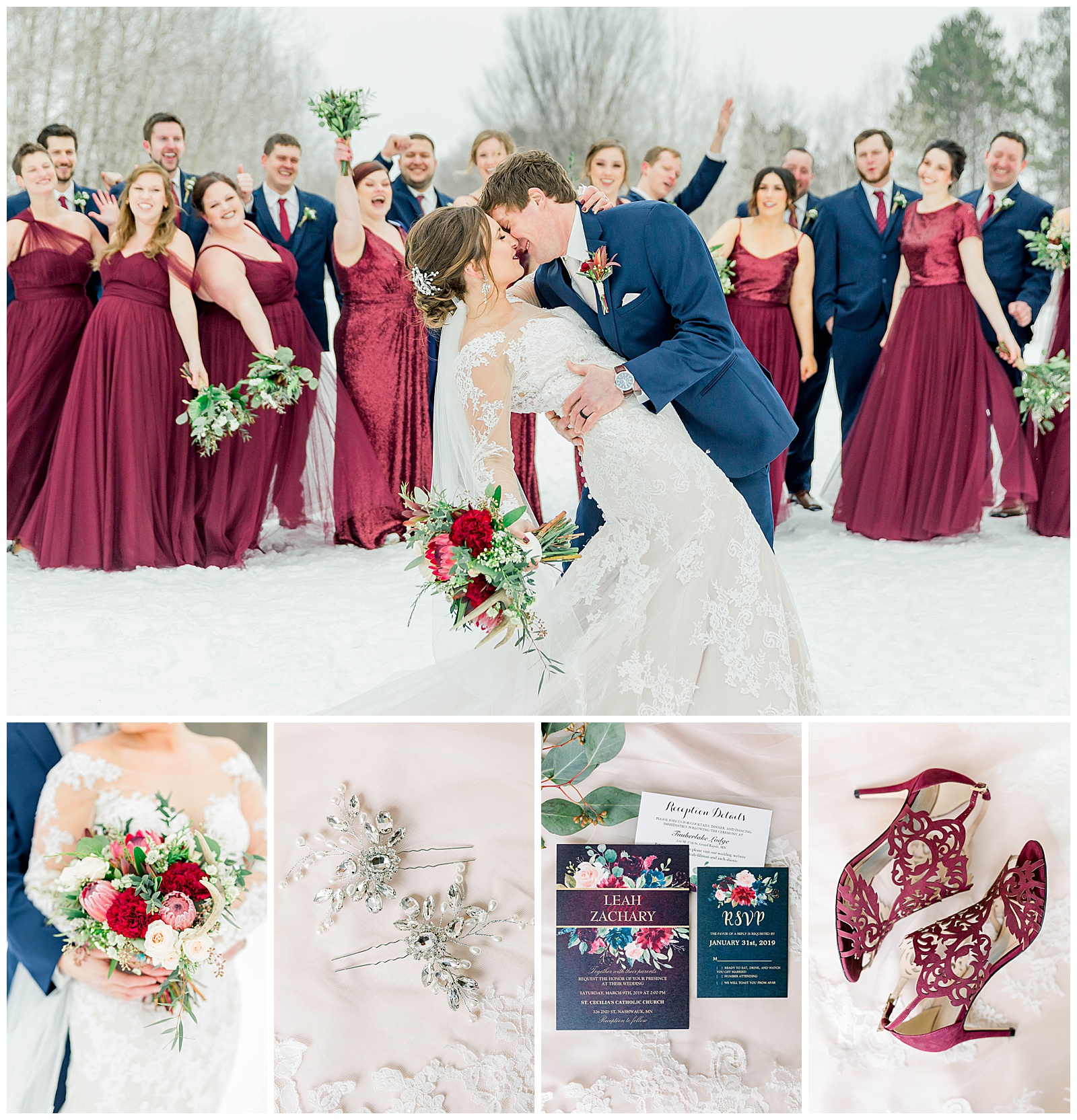 Winter Wedding in Hibbing MN with navy and wine colors