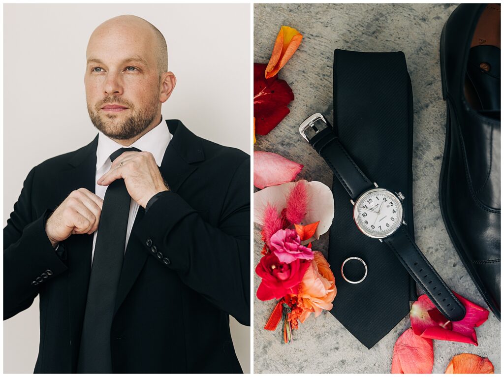 groom's watch and shoes and tie on floor with florals for Pike Lake wedding