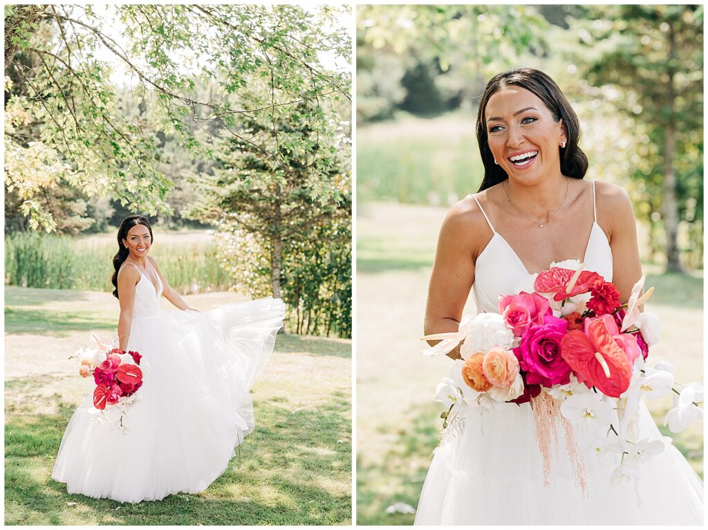 bride twirling in dress and laughing at Pike Lake wedding