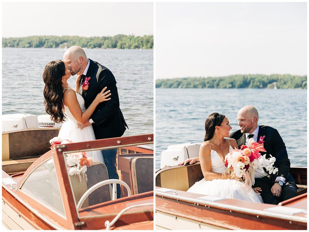 bride and groom kissing on vintage boat on pike lake in Duluth, mn