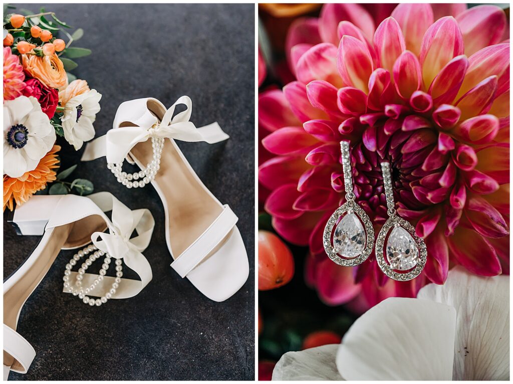 bride's shoes and earrings on bright pink flowers