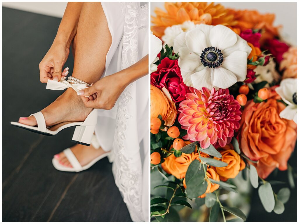 bride lacing up high heels on wedding day morning at Ivy Black Weddings & Events