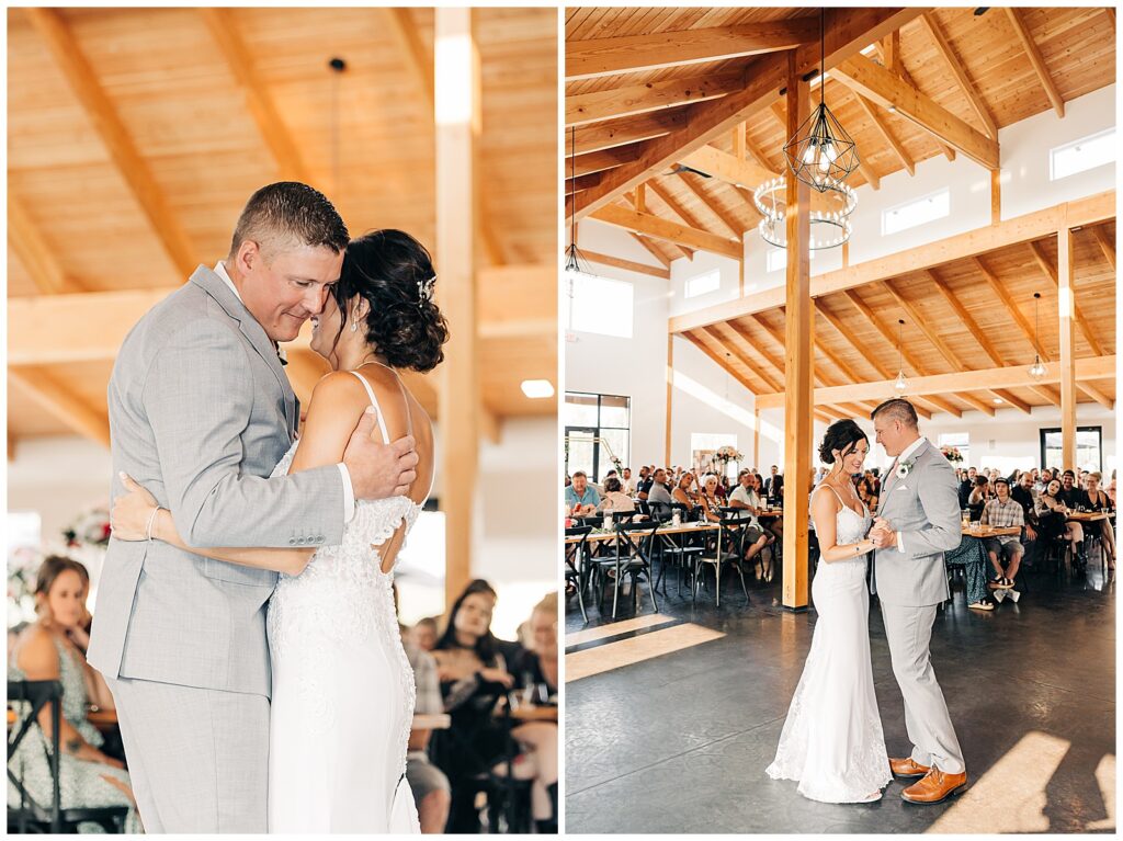 Bride and groom having their first dance inside Ivy Black Weddings & Events