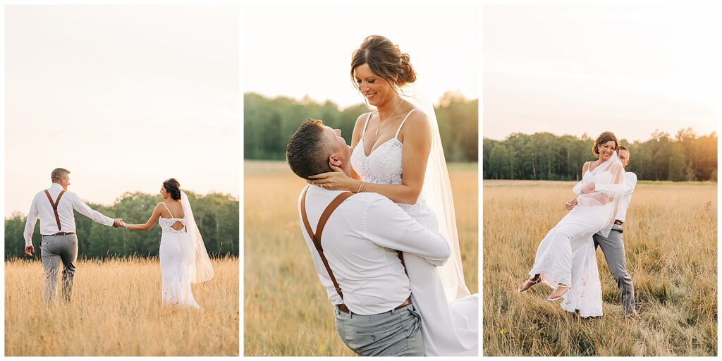 Bride and groom laughing together in field at sunset at Ivy Black Weddings & Events